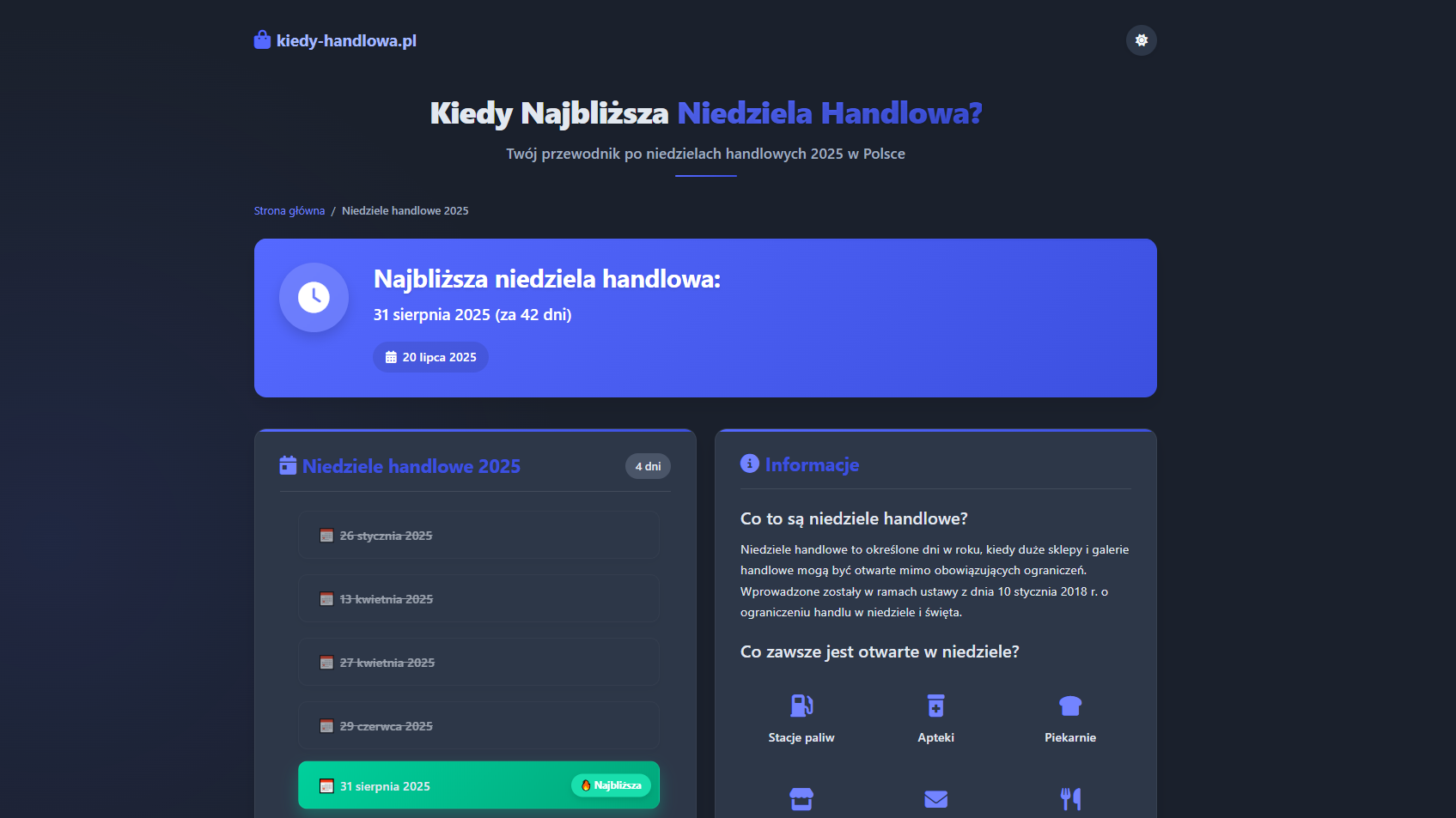 kiedy-handlowa.pl - Wersja desktop strony internetowej